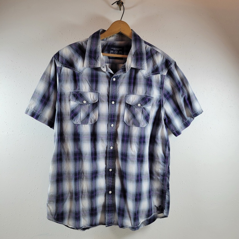 American Eagle Plaid Western Shirt Mens XL Blue Purple Excellent Pearl Snap S/S